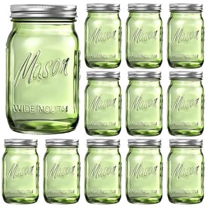Rubtlamp Green Mason jar 32 oz, 12 Pack Glass Jars - Wide Mouth Mason Jars with Airtight Lids for Pickling, Fermenting, Food Storage&DIY Crafts, Microwave & Dishwasher Safe - color: Green