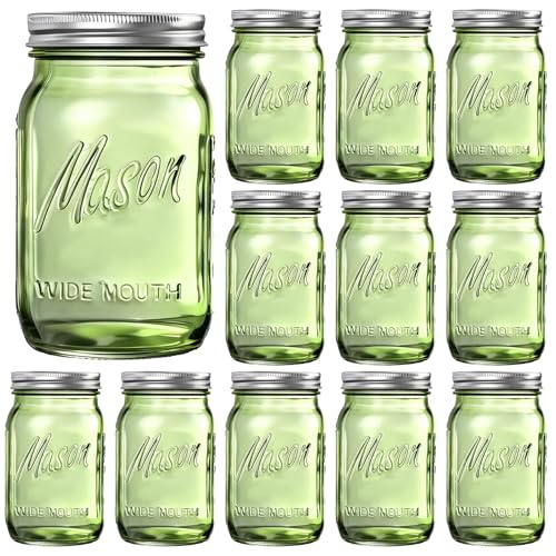 Rubtlamp Green Mason jar 32 oz, 12 Pack Glass Jars - Wide Mouth Mason Jars with Airtight Lids for Pickling, Fermenting, Food Storage&DIY Crafts, Microwave & Dishwasher Safe - color: Green