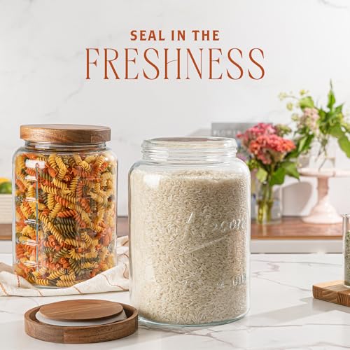1 Gallon Glass Mason Jar with Airtight Wooden Lid, Wide Mouth Large Food Storage Container with Measurement Markings For Kitchen Pantry, Pickling, Cookies, Flour & Sugar - 2 Pack - size: Pack of 2