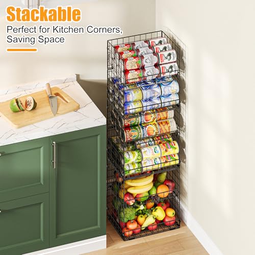 JKsmart 6-Tier Stackable Wire Basket, Can Organizer for Pantry Kitchen, XXL Metal Storage Shelves with Dividers & Handles, Easy Assembly Space Saving Storage Bins for Snacks Fruits Veggies - size: 6 Tier XXL