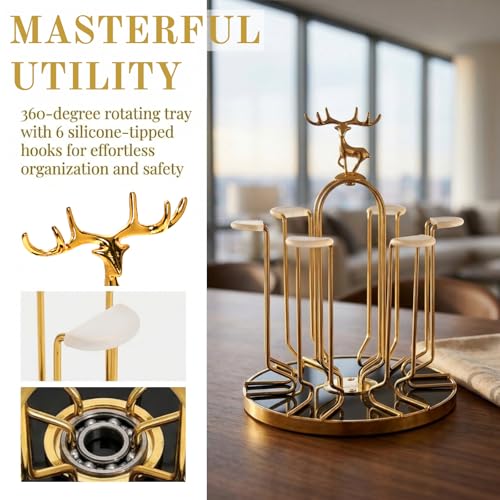 Pumtus Metal Glass Drying Rack, Rotating 6 Bottles Dryer Stand, Drinking Mug Holder with Soft Rubber Hook, Non-Slip Water Tumbler Draining Tree, Reusable Mason Jar Organizer for Kitchen, Countertop