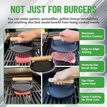 Evelots Cast Iron Burger Press - Heavy Duty Pre-Seasoned Burger Smasher for Grill - Weighted Press for Meat, Grilled Cheese, Panini - Cook Evenly & Faster - Round Wood Handle