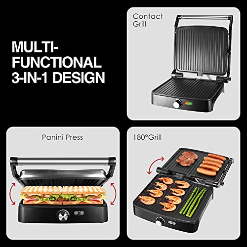 OSTBA Panini Press Grill with Adjustable Temperature, 4-Slice Indoor Grill, 180° Open Sandwich Maker with Drip Tray, Non-Stick Plates, Stainless Steel, 1200W - style: ABC19