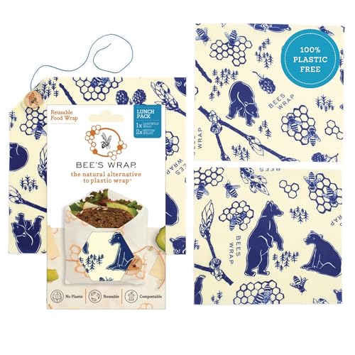 Bee's Wrap Beeswax Wraps for Food - 3 Pack of Assorted Beeswax Wraps - 2 Medium & Sandwich Wrap - Plastic Free Made in USA Reusable Natural Food Wrap - Bees & Bears - style: Lunch Pack Bees + Bears