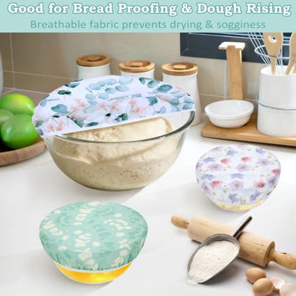 5Pcs Reusable Beeswax Elastic Bowl Covers for Bread Proofing and Food Cover | Cotton Cloth Flexible Beeswax Wraps for Sourdough Cover and Food Storage Shower Caps r Sourdough Bread Supplies Tools - color: Eucalyptus Leaves