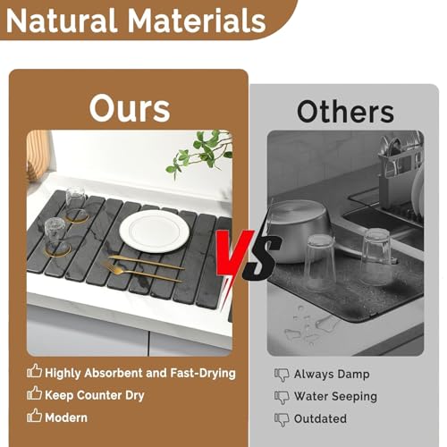 Large Stone Dish Drying Mat for Kitchen Counter, Quick Dry Stones Dishes Mats, Foldable Water Absorbing Diatomaceous Earth Drying Pad for Plate Rack Bottles Utensils (Dark Gray 24"×16" & 8"x4")