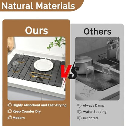 Large Stone Dish Drying Mat for Kitchen Counter, Quick Dry Stones Dishes Mats, Foldable Water Absorbing Diatomaceous Earth Drying Pad for Plate Rack Bottles Utensils (Dark Gray 24"×16" & 8"x4")