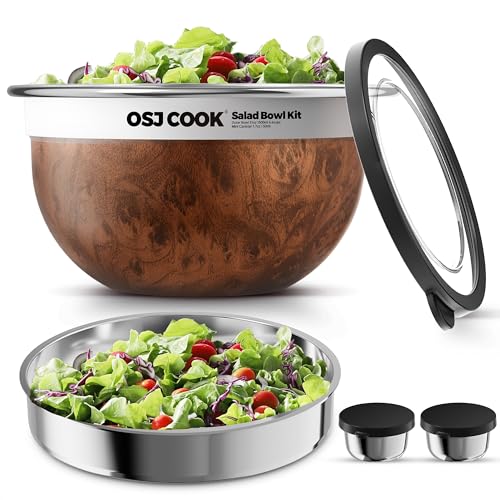 74oz Salad Bowl Kit with Lid & Tray, Scratch-Resistant 18/8 Stainless Steel Salad Bowls To Go For Lunch, Large Leak-Proof Container with 2 Condiment Canisters, Wood - color: Brown