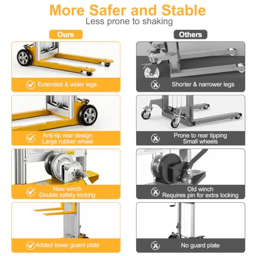 122" Material Lift Winch Stacker, 400 lbs Capacity Manual Material Lifts, Fixed Straddle Material Lifter, Hand Winch Lift Trucks for Warehouse, Factory, Lightweight, 34.60"L x 24.80"W, Yellow - color: Yellow