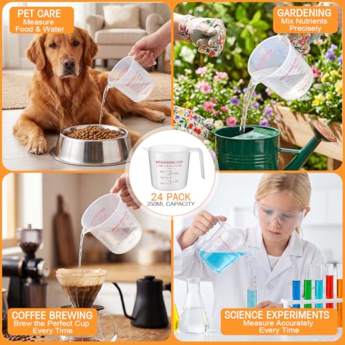 Fabbay 24 Pcs 1 Cup Capacity Plastic Measuring Cup 8 Oz Clear Graduated Measurement Cups with Spout and Handles Ounce and ml Marking for Recipe Ingredient Flour Liquid Baking Cooking Mixing(Red) - color: Red, size: 8 oz
