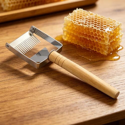 Stainless Steel Honey Fork, Wooden Handle Uncapping Fork Tool, Adjustable Pins Scraper with, Metal Beekeeping Forks, Apiary Tool Forks with Classic Design, Honey Extraction for Frames
