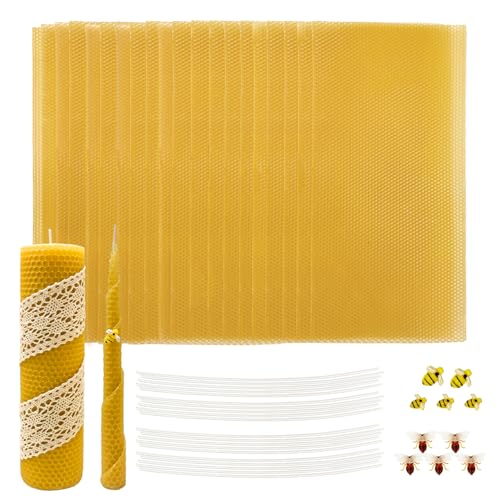 Lacaser Beeswax Sheets for Candle Making Kit, 20 Pcs 8"x16" Pure Bees Wax Made Sheets Equals to 40pcs 8"x8" Beeswax Sheets, Include Bee Ornaments,Cotton Candle Wicks for Bulk Candle Making - color: Natural (8x16)