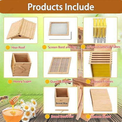 Bee Hive Starter Kit with 4 Frames,Wooden Beehive Box with Observation Window, Complete Honey Bee Hive Kit for Backyard Beekeeping Natural Wood Color