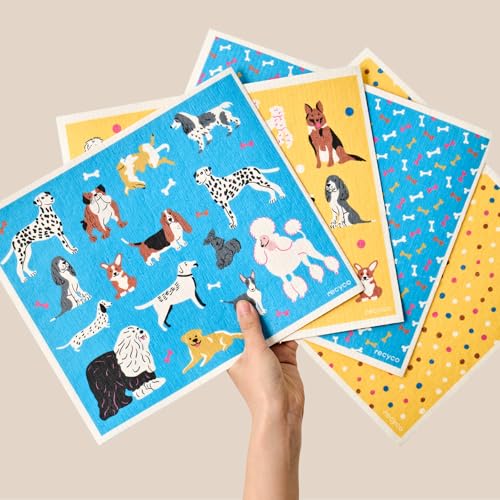 RECYCO Swedish Dishcloths for Kitchen | 4 Pack Oversized Washable Dish Rags | Large Cellulose Reusable Cleaning Paper Towels | Absorbent Counter Dish Cloth Sponge XL Kitchen Wipes, 12" L x 10" W - color: Doggy Daydreams - Xl 4 Pack