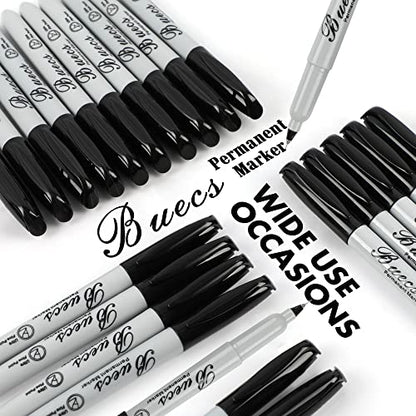 Buecs Permanent Markers, 60 Count Ultra Fine Point Black Permanent Markers, Works on paper, Plastic, Stone, Glass, Metal