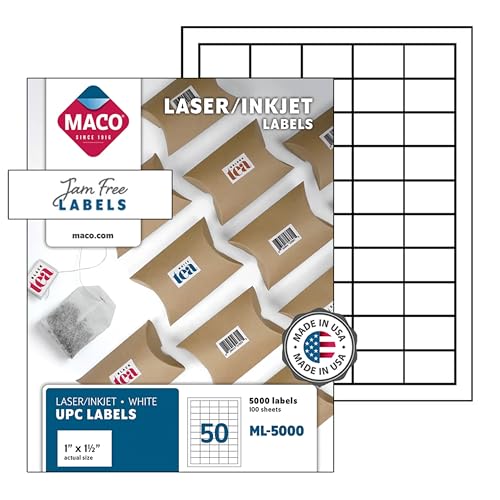 Printable Labels for Mailing - Laser/Ink Jet Compatible Shipping Address Labels, 50 per Sheet, 1 x 1-1/2", Box of 100 Pages/5000 Labels, White - size: 1" x 1-1/2"