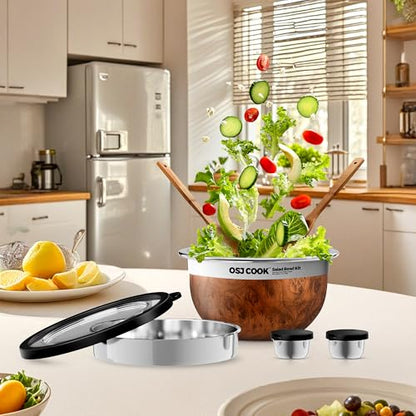 74oz Salad Bowl Kit with Lid & Tray, Scratch-Resistant 18/8 Stainless Steel Salad Bowls To Go For Lunch, Large Leak-Proof Container with 2 Condiment Canisters, Wood - color: Brown