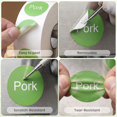 1000 Pcs Pork Food Labels 1 Inch, Vinyl Green Round Food Stickers Waterproof Oil Proof Adhesive Roll for Deli Sandwich Shop BBQ Catering Restaurant