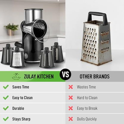 Zulay Kitchen Rotary Cheese Grater 5 Blade Cheese Shredder - Manual Hand Crank Cheese Grater With Reinforced Suction & 5 Interchangeable Drums - Easy to Use, Vegetable Chopper Round Mandoline Slicer - color: Classic | Black