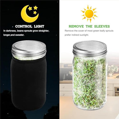 Organic Seed Sprouting Jar Kit – 2 × 32 oz Wide-Mouth Mason Jars with Stainless-Steel Sprouter Lids & Stand, Blackout Sleeves, Drain Tray – Grow Broccoli, Alfalfa & Bean Microgreens - color: Stainless Steel