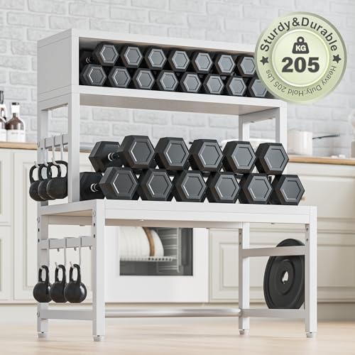 EnHomee 4-Tier Microwave Stand for Kitchen Storage, White | 205 lb Capacity, Adjustable Kitchen Shelves with 9 Hooks & Cutting Board Rack - color: White