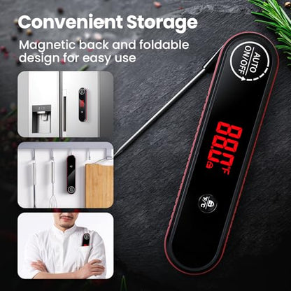 Meat Thermometer Digital, 0.3s Instant Read Food Thermometer with Auto-Rotating LED Display & Calibration Function, Magnetic Back for Cooking, Grilling, BBQ, Smoker (Red) - color: Red