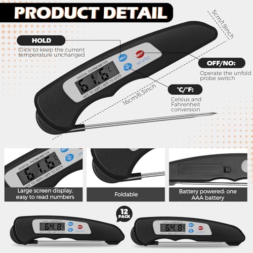 Xuhal 12 Pcs Digital Meat Thermometer with Probe Waterproof Instant Read Foldable Food Thermometer with Magnet for Kitchen Grilling Cooking Turkey Baking BBQ (Black) - color: black