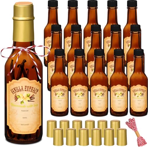 Tioncy 16 Pcs Empty Vanilla Extract Bottles for Homemade Vanilla Jar Glass Bottle with Cap, Shrink Band, Sticker DIY Crafts Wedding Gift Food Storage Canister for Bean - color: Brown, Gold, size: 5 oz