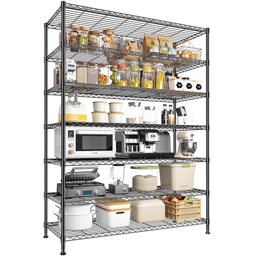 82.6H Metal Shelving Unit 7 Tier Storage Shelves Adjustable Wire Shelving Metal Wire Shelf Pantry Shelves Commercial Rack for Kitchen Pantry Utility Room Garage 45" W x 82.6''H x 13.5" D, Black - size: 45" W x 82.6''H x 13.5" D