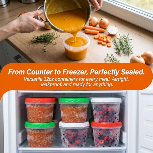 EONJOE 32oz Plastic Freezer Food Leftovers Containers with Lids, 12pcs | Reusable ,Airtight & BPA-free for fresh food. Dishwasher/freezer safe, perfect for daily meal prep, portion control - size: 32oz