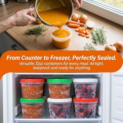 EONJOE 32oz Plastic Freezer Food Leftovers Containers with Lids, 12pcs | Reusable ,Airtight & BPA-free for fresh food. Dishwasher/freezer safe, perfect for daily meal prep, portion control - size: 32oz