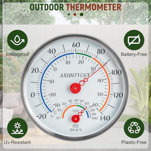 Indoor Outdoor Thermometer Hygrometer, Large Dial Waterproof Wall Mount - Accurate & Easy to Read for Home, Garden, Patio, Greenhouse, Farmhouse Decor by AXHHTVCGY
