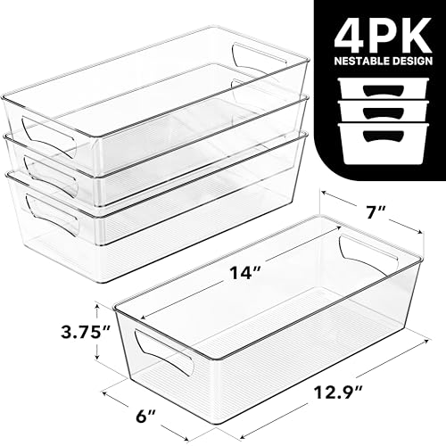 Simple Houseware 4 Pcs Pantry Clear Bin Storage Organizer, 14" x 7" x 3.75" - size: 4 Pack - 14 x 7 x 3.75