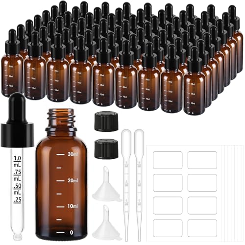 UPBUD 63 Pcs 1oz Amber Glass Dropper Bottles with Measurement, 30ml Leakproof Tincture Bottles with Funnels, Eye Droppers, Extra Caps & Labels, Refillable Empty Bottle for Tinctures, Essential Oils - color: Amber-1oz, size: 1oz