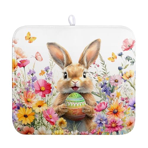 Spring Easter Dish Drying Mat for Kitchen Counter Easter Bunny Rabbit Eggs Flowers Dishes Drainer Mats 16x18 Microfiber Absorbent Medium Dish Drying Pad for Kitchen Countertop Tableware Decor - color: Easter Spring Bunny, size: 16" x 18"