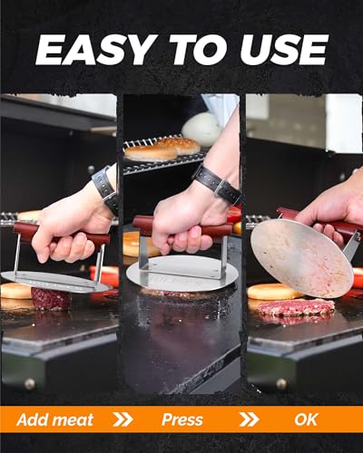 HULISEN 6.2" Stainless Steel Smashed Burger Press with Extra Wide Heat-Resistant Wood Handle, Burger Smasher for Flat Top Griddle, Grill, Skillet, Cast Iron Pan, Hamburger Cooking Accessories - size: 6.2 inch with Wood Handle