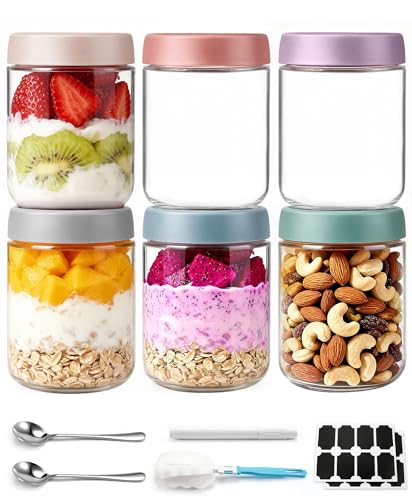 6 pack 16 oz Overnight Oats Containers with Lids and Spoons Glass Jars with Airtight Lids: Wide Mouth Mason Salad Jars, Leakproof and Reusable Glass Food Storage Container for Yogurt Snacks Spice - color: Multicolor, size: 16oz, 6Pack