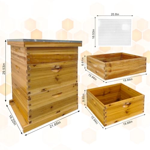 Beeswax Coated Bee Hive Starter Kit - 3 Layer Langstroth Beehive with 2 Deep & 1 Medium Super Boxes - Premium Wood Honey Bee House, Metal Top Cover & Queen Excluder (No Frames)