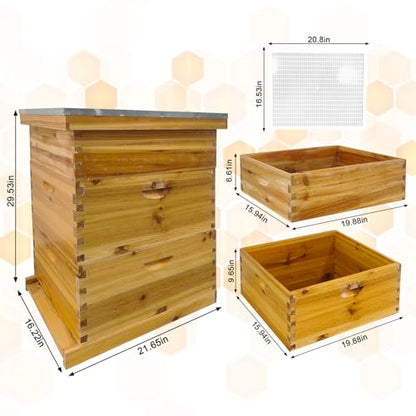 Beeswax Coated Bee Hive Starter Kit - 3 Layer Langstroth Beehive with 2 Deep & 1 Medium Super Boxes - Premium Wood Honey Bee House, Metal Top Cover & Queen Excluder (No Frames)
