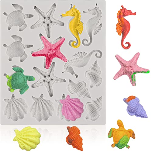 Sakolla Marine Theme Fondant Silicone Molds, Seashell, Conch, Seahorse, Starfish, Tortoise Silicone Mold for Cake Decoration, Chocolate Candy Sugar Craft - color: Marine Theme 15 Cavity/Grey