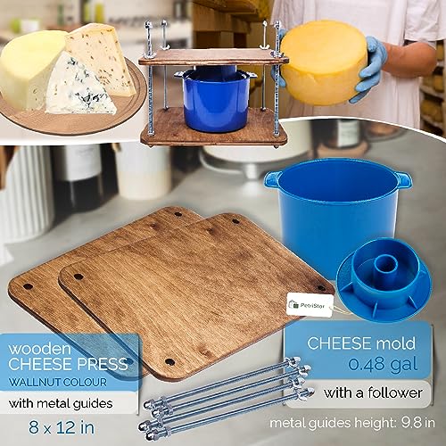 Wooden Cheese Press for Cheese Making Supplies 12in Plywood 1/2in Thick Metal Guides and Cheese Mold with Follower Piston 1/2 Gal - Home Supply Ultimate Cheese Press Machine - Prensa Para Queso Casero