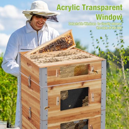 GUTINNEEN Bee Hive with Metal Frame, 10 Frame Bee Hives Boxes Dipped in 100% Beeswax,Bee Keeping Supplies-All Starter Kit Includes Wooden Frames & Waxed Foundations