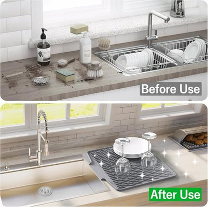 Silicone Dish Drying Mat for kitchen Countertop, Heat Resistant Mats, Dish Drainers for Kitchen counter, Hot Pot Holders, Dish Drying Rack with Built in Drain,(Gray, 15.6"x13") - color: Gray