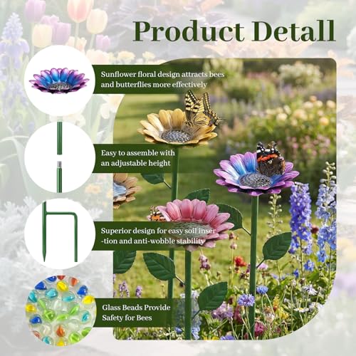 4 Pack Sunflower Flower Bee Watering Station with 20 Glass Beads - Bee Bath for Garden Metal Bee Water Feeder with Flower Design, Colorful Outdoor Insect Hydration Station for Attracting Bees ﻿