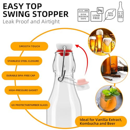 8 Pack Swing Top Glass Bottles 8.5 oz,Flip Top Beer Brewing Bottles for Kombucha, Homemade, Kefir, Water, Beverages, Soda, Oil, Vinegar, Fermentation,Limoncello