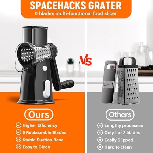 Rotary Cheese Grater Hand Crank, 5-in-1 Vegetable Shredder Chopper Spiralizer Slicer with 5 Interchangeable Blades for Vegetable, Cheese, Fruit, with Blades Storage Box & Stable Suction Base (Black) - color: Black