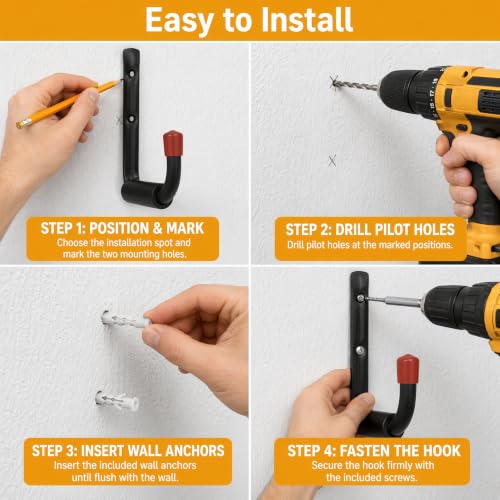 6 Pack Garage Hooks Heavy Duty, Utility Steel Hooks with EVA Foam Padding, 15inch Wall Mount J Organizer Hanger for Hanging Bikes Kayak Garden Tool Hose Bike Shelf - size: 15inch