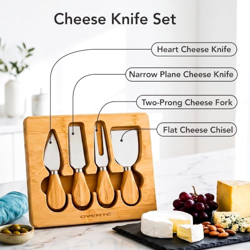 OVENTE 4 Piece Cheese Knife Set with Bamboo Handle & Wooden Case, Complete Stainless Steel Charcuterie Knives, Ideal Cheese Slicer, Spread & Butter Cutter for Party and Holiday Gift, Brown KCS5974B