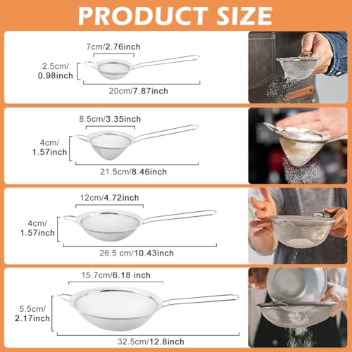 Fine Mesh Strainer Set 4 Pack Stainless Steel Kitchen Sieves | Four sizes for tea, coffee, flour, sugar, rice, and quinoa, includes 3 round sieves and 1 conical strainer