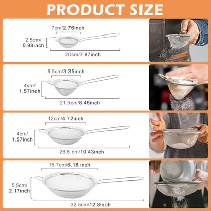Fine Mesh Strainer Set 4 Pack Stainless Steel Kitchen Sieves | Four sizes for tea, coffee, flour, sugar, rice, and quinoa, includes 3 round sieves and 1 conical strainer